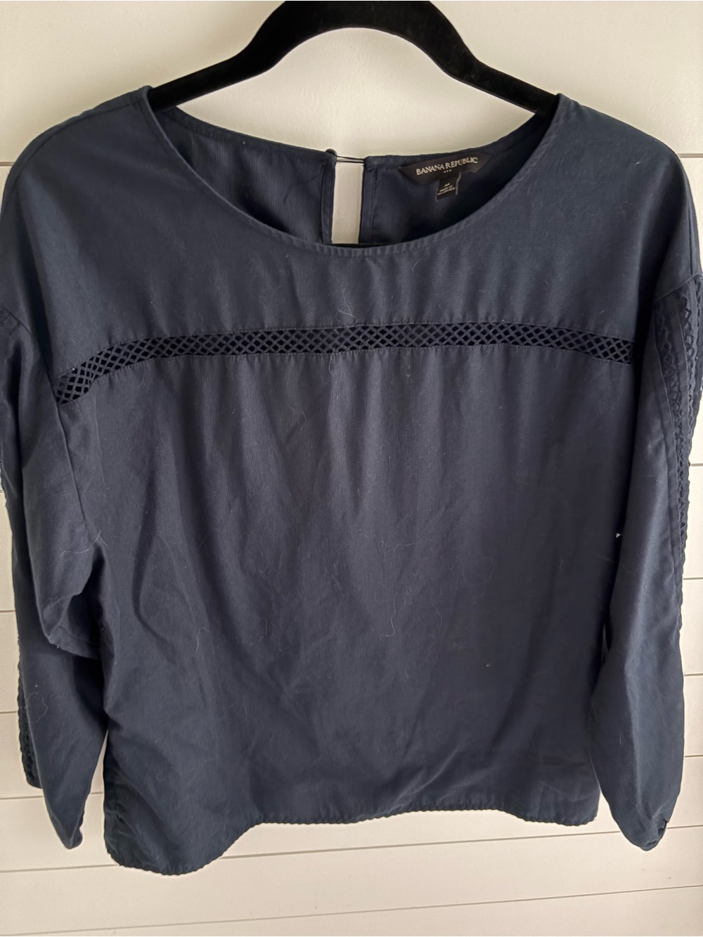 Banana Republic Navy Long-Sleeve Lace-Insert Blouse